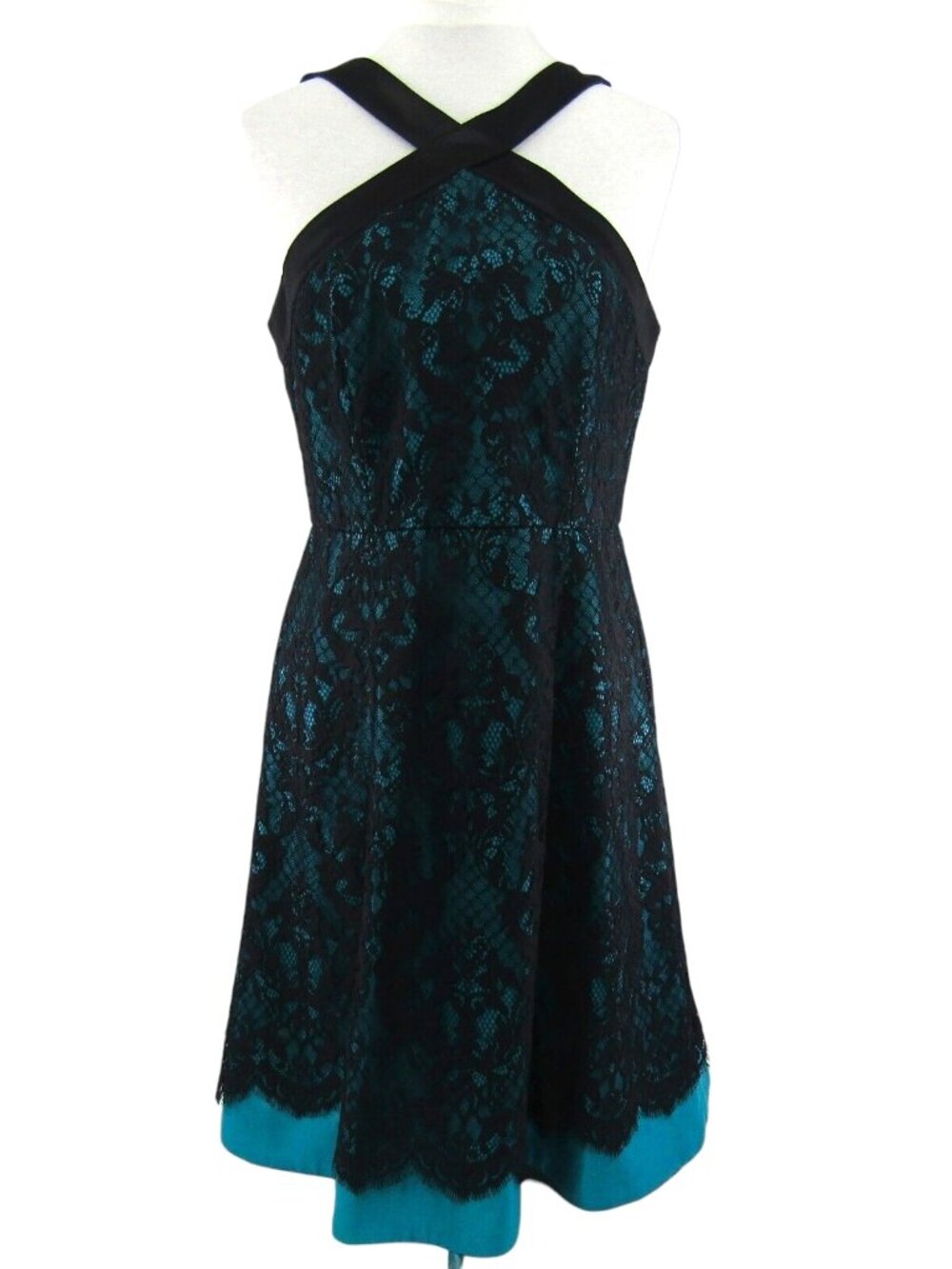 Draper James Betty Blue Black Lace Overlay Dress Size 8 Sleeveless Satin Trim